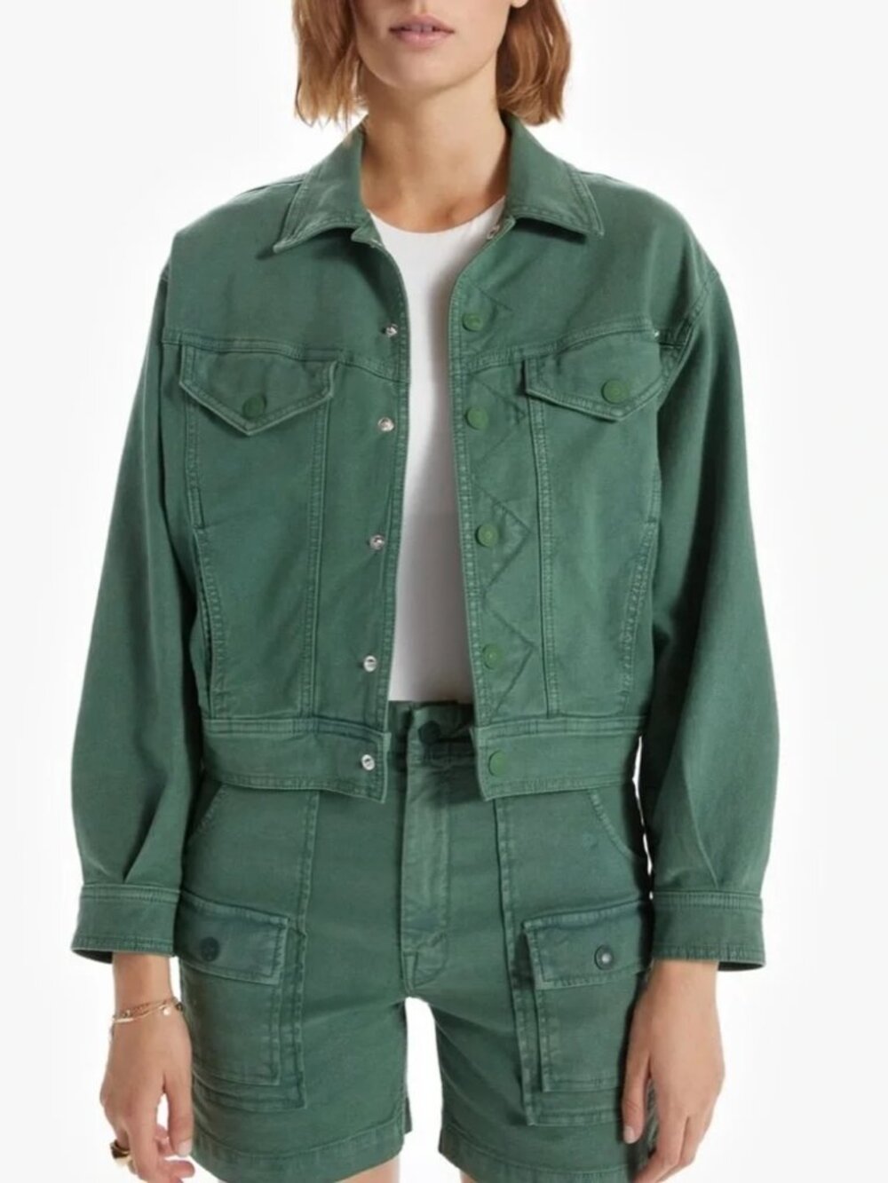 MOTHER The Fly Away Denim Jacket in Green, Boxy, Cropped